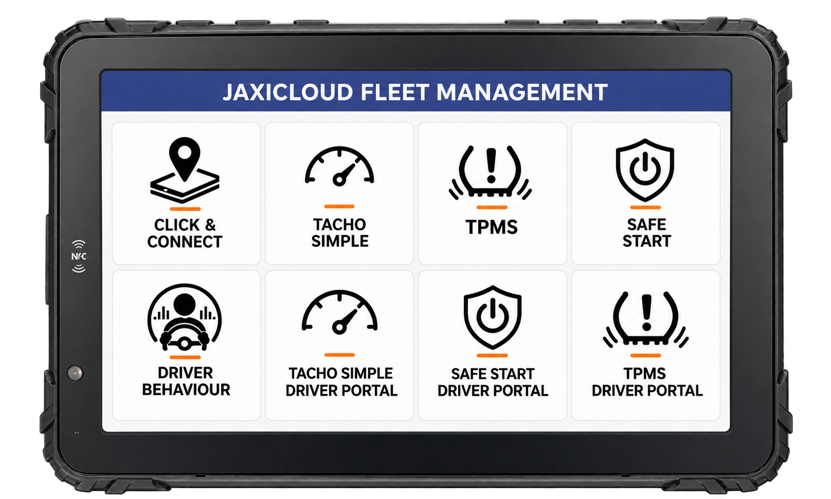 JAXICLOUD: Click & Connect, Tacho Simple, TPMS, Safe Start, Driver Behaviour og Driver Portal